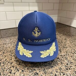 Vtg S.S. Norway Designer Award Trucker Hat Adjustable Navy Gold Anchor Cruise